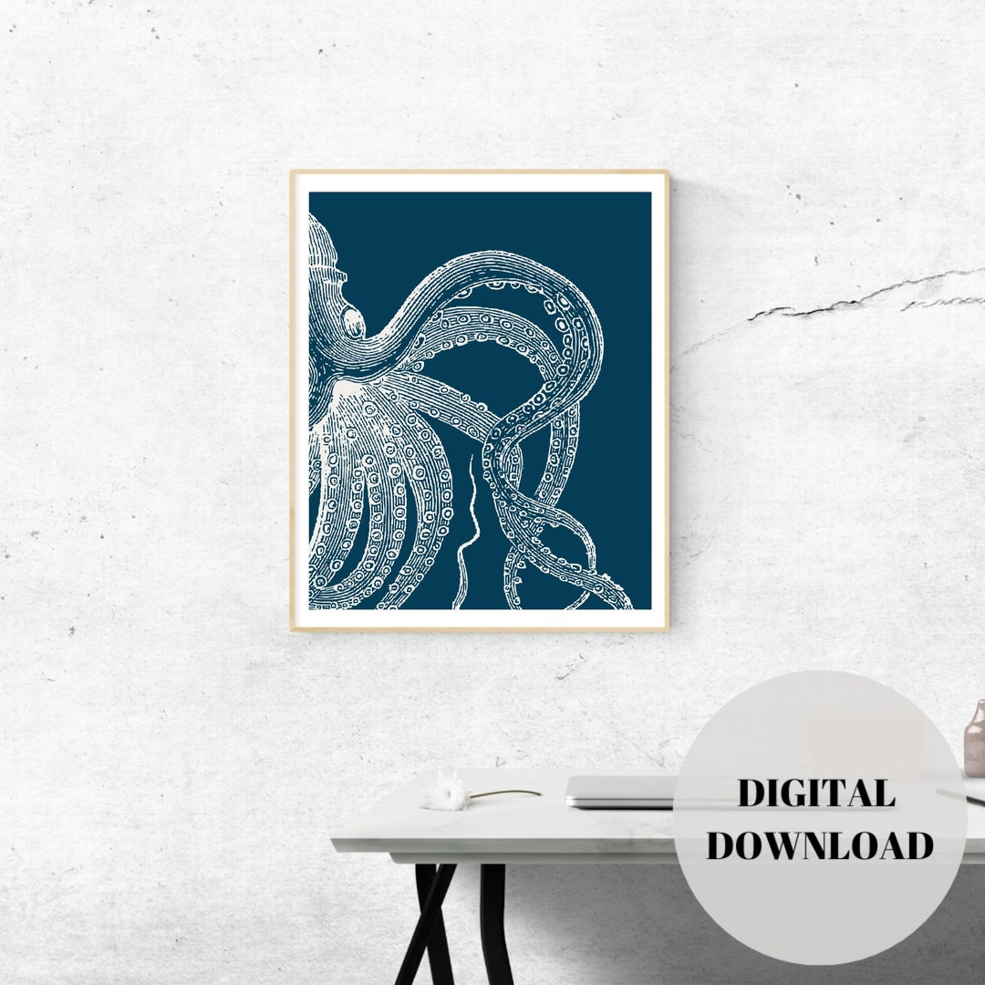 Vintage Octopus Printable Nautical Home Decor Octopus Illustration Bathroom Art Ocean Wall Art