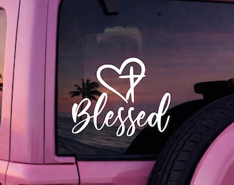 Blessed Vinyl Decal for Car or Window – Christian Cross Sticker – Faith Religious Decal – Gift for Mom – Inspirational Car Decal