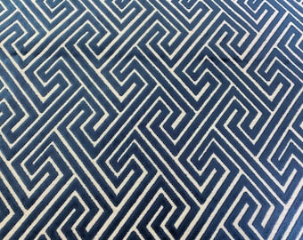 Lustrous Navy Blue Geometric Durable Fine Linen Blend Cut Velvet (2 Yard Minimum)