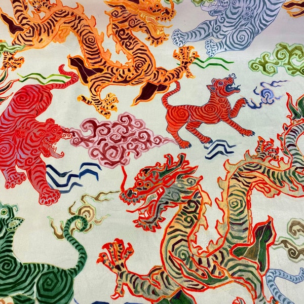 Lustrous Vibrant Multi-Color Chinese Dragons and Tigers On Oyster Fine Velvet