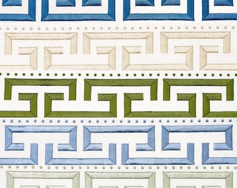 May include: A white fabric with a repeating pattern of blue, green, and beige Greek key designs. The design is embroidered on the fabric.