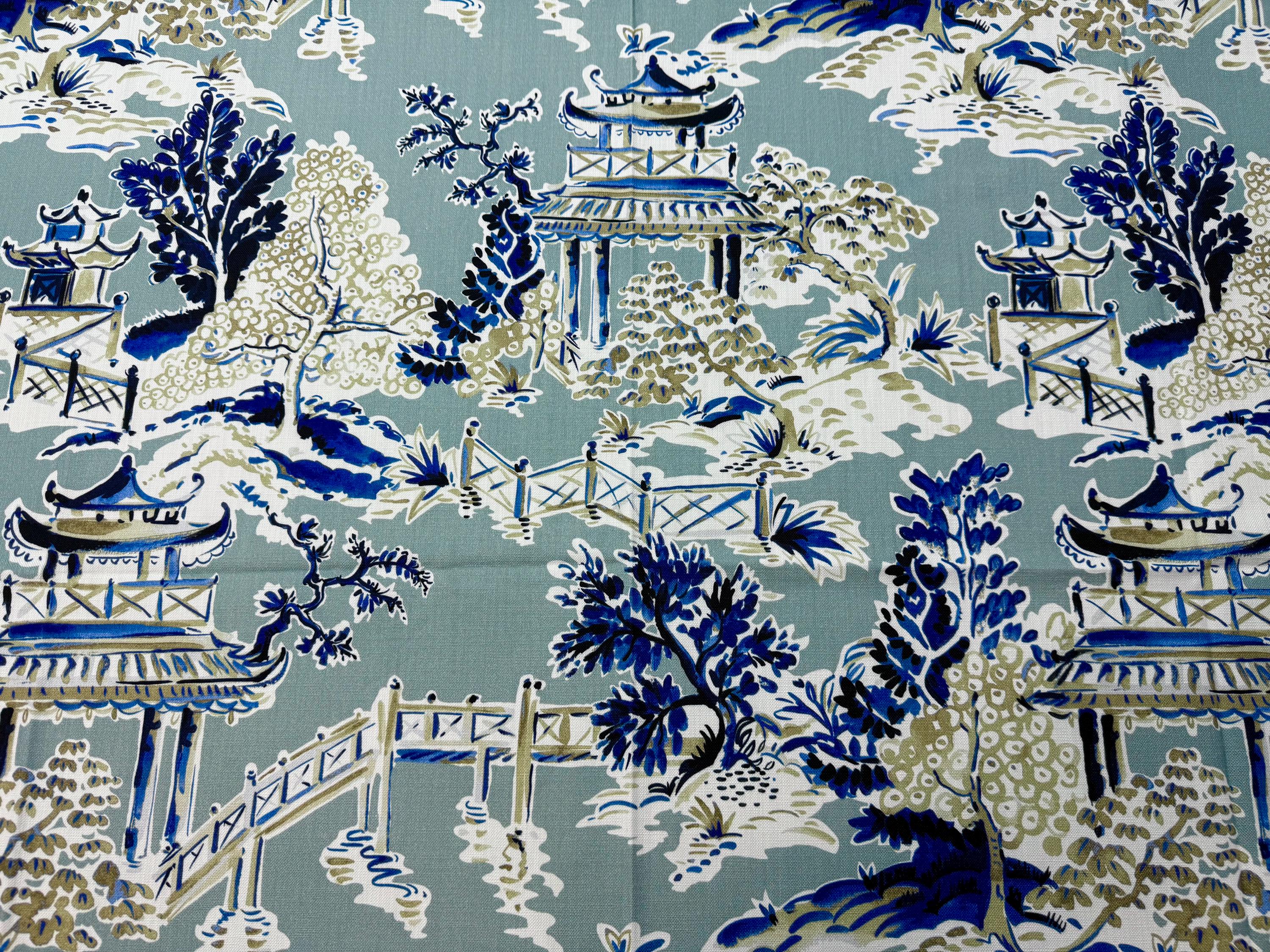 Water Blue East Asian Chinoiserie Toile on Fine 100% Cotton (2 Yard ...
