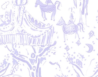 Carnival Toile In Wisteria On Fine Cotton and Linen Blend, By Palm Orleans (Minimum 2 Yards)