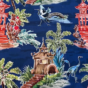 May include: Watercolor illustration of an Asian-inspired landscape on a dark blue background. The design features red pagodas, palm trees, and cranes. A bridge and other architectural elements are also visible, creating a serene and detailed pattern.