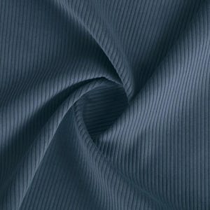 K&ouml;nnte beinhalten: Nahaufnahme eines gefalteten St&uuml;cks blauen Cordstoffs. Der Stoff hat eine gerippte Textur mit vertikalen Linien, die das Material hinunterlaufen. Die Farbe ist ein ged&auml;mpftes, staubiges Blau, und der Stoff wirkt weich und geschmeidig.