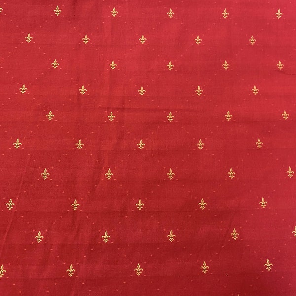 Embossed Gold Fleur De Lis Motif On Crimson Red 100% Cotton