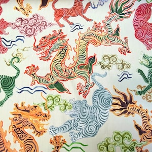 Vibrant Multi-Color Chinese Dragons and Tigers On Oyster Fine 100% Cotton