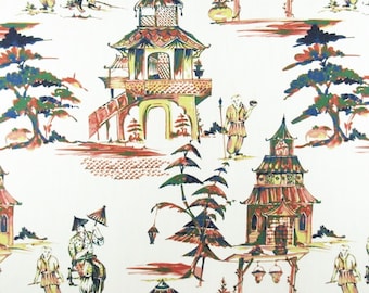 Multi-Color East Asian Gazebo Chinoiserie Toile On Fine 100% Cotton