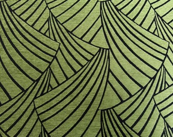 Lustrous Pear Green Art Deco Fans Fine Cotton Blend Jacquard Cut Chenille, Made In Spain (2 Yard Minimum)
