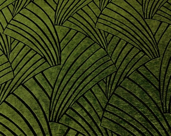 Lustrous Pear Green Art Deco Fans Fine Cotton Blend Jacquard Cut Chenille, Made In Spain