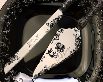 Set di posate per torta nuziale in stile gotico nero per sposi, flûte da champagne incise per matrimonio gotico, taglierina per torta nera, regalo personalizzato