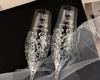 Personalized wedding glasses Engraved wedding champagne flutes, wedding 25th anniversary gifts for couple Bridal shower gifts for bride