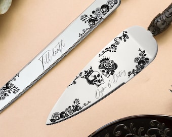 Juego de cortadores de tarta de boda negros, copas personalizadas para novios, cuchillo y servidor de tarta gótico, copas de champán negras