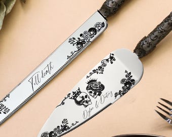 Graverat tårtbestickset skelett svart goth personligt tårtutskärset tills döden skiljer oss åt halloween gotiska bröllopspresenter