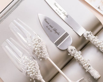 2 Stück weiße Hochzeits-Tortenheber-Set Hochzeitstortenmesser Kuchenschneideset Tortenheber Hochzeit Perlen Kristall-Tortenheber weiß Messer-Set