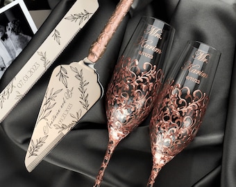 Wedding champagne flutes for bride and groom Engraved cake knife set wedding gifts 25th anniversary, personalized toasting glasses