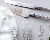 Silver Wedding glasses and Cake Server Set cake cutter gold wedding toasting flutes Gold wedding flutes and cake gold wedding set of 4