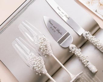 White Wedding Champagne flutes and Cake Server Set Wedding shower gift Beach wedding decor Toasting glasses and Cake Server white knife set