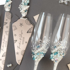 Wedding Toasting glasses ocean wedding 35th anniversary decoration Cake cutting set pearl blue Champagne flutes cake knife set bridal shower