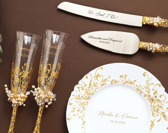 Wedding gift Cake Server Set pearls boho decorations wedding Server knife set Champagne flutes pearl GOLD bridal shower gifts for bride