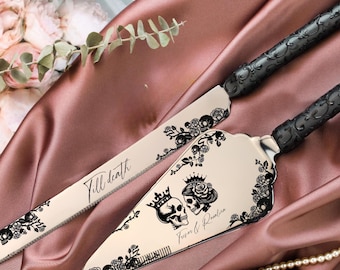 Set da matrimonio gotico nero con coltello e set da portata incisi, brindisi fino alla morte per gli sposi, regali gotici personalizzati per Halloween