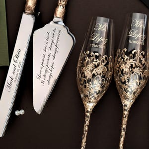 Wedding gift Champagne flutes for bride and groom Cake Server Set Wedding personalized glasses boho Cake knife set 25th anniversary