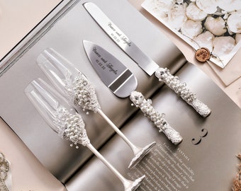 White Wedding glasses and Cake Server Set Wedding pearls crystal Cake Server white knife set and flutes Bridal shower gifts for bride
