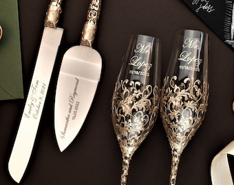 personalized wedding glasses Toasting flutes, champagne flutes bride and groom, Personalized gift, wedding decorations, flutes and cake set
