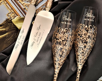 Wedding gifts for bride and groom Cake knife and server Engraved Champagne flutes wedding cake cutter set gift anniversary cake server set
