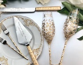 wedding glasses and cake cutting set, plate and forks gold color Personalized engraved flutes and cake server set Cake dish forks, Set of 7