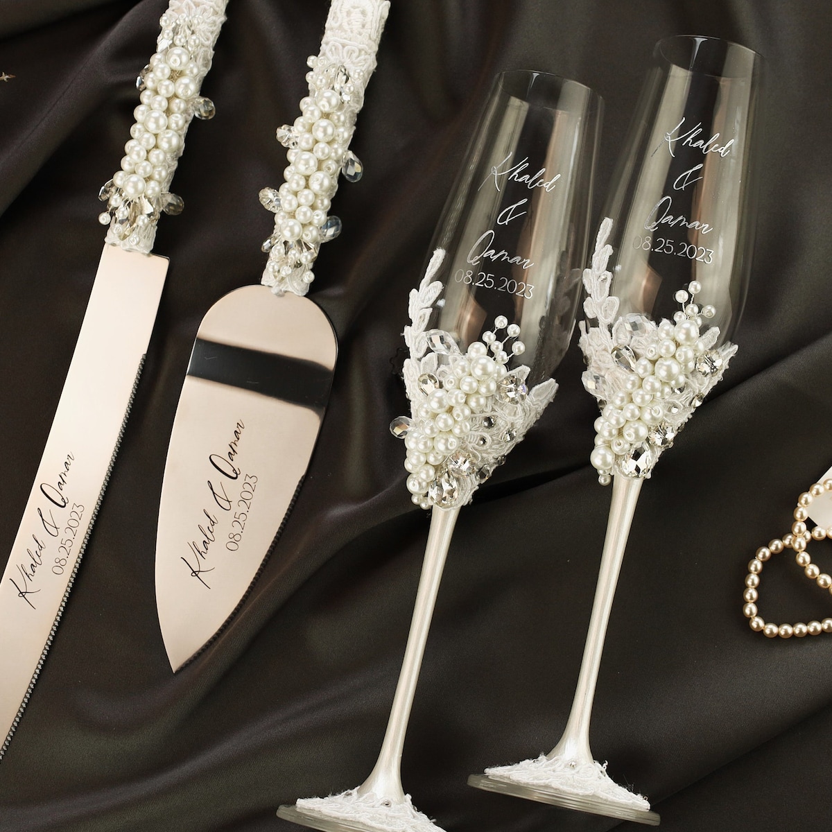 White Wedding Cake Server Set Wedding Cake Cutting Set Cake Servers Wedding Pearls Crystal Cake Server White Knife Set Champagne Flutes - Etsy