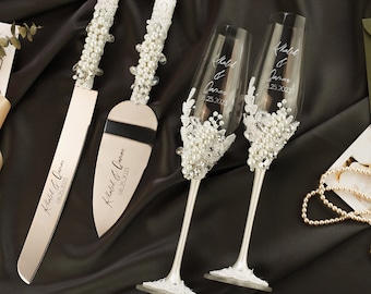 White Wedding Cake Server Set Wedding Cake Cutting Set Cake Servers Wedding pearls crystal Cake Server white knife set Champagne flutes