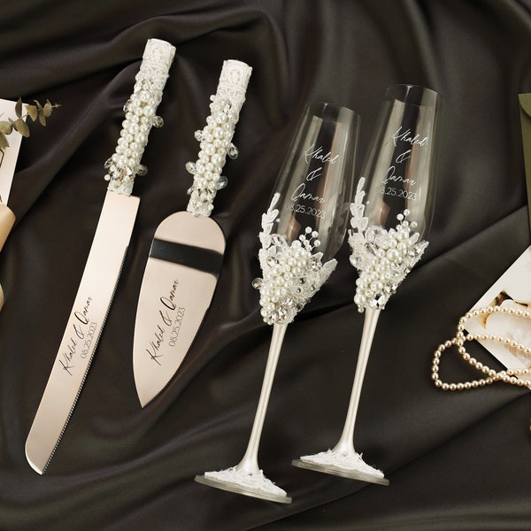 Pearls Wedding Toasting Glasses Engraved Cake Cutting Set Cake Servers Wedding pearls crystal Cake Server white knife set Champagne flutes