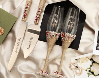 Burgundy red wedding decorations toasting glasses cake server set red rustic engraved cake cutter set Personalized wedding champagne flute