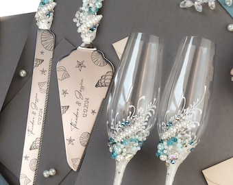 Wedding Toasting glasses ocean wedding 35th anniversary decoration Cake cutting set pearl blue Champagne flutes cake knife set bridal shower
