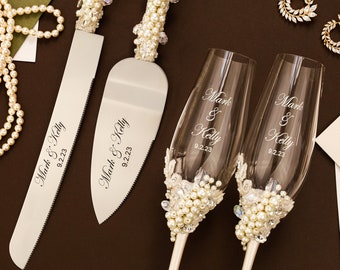 Wedding gifts Cake Server Set pearls boho decorations wedding Server knife set Champagne flutes pearl ivory bridal shower gifts for bride