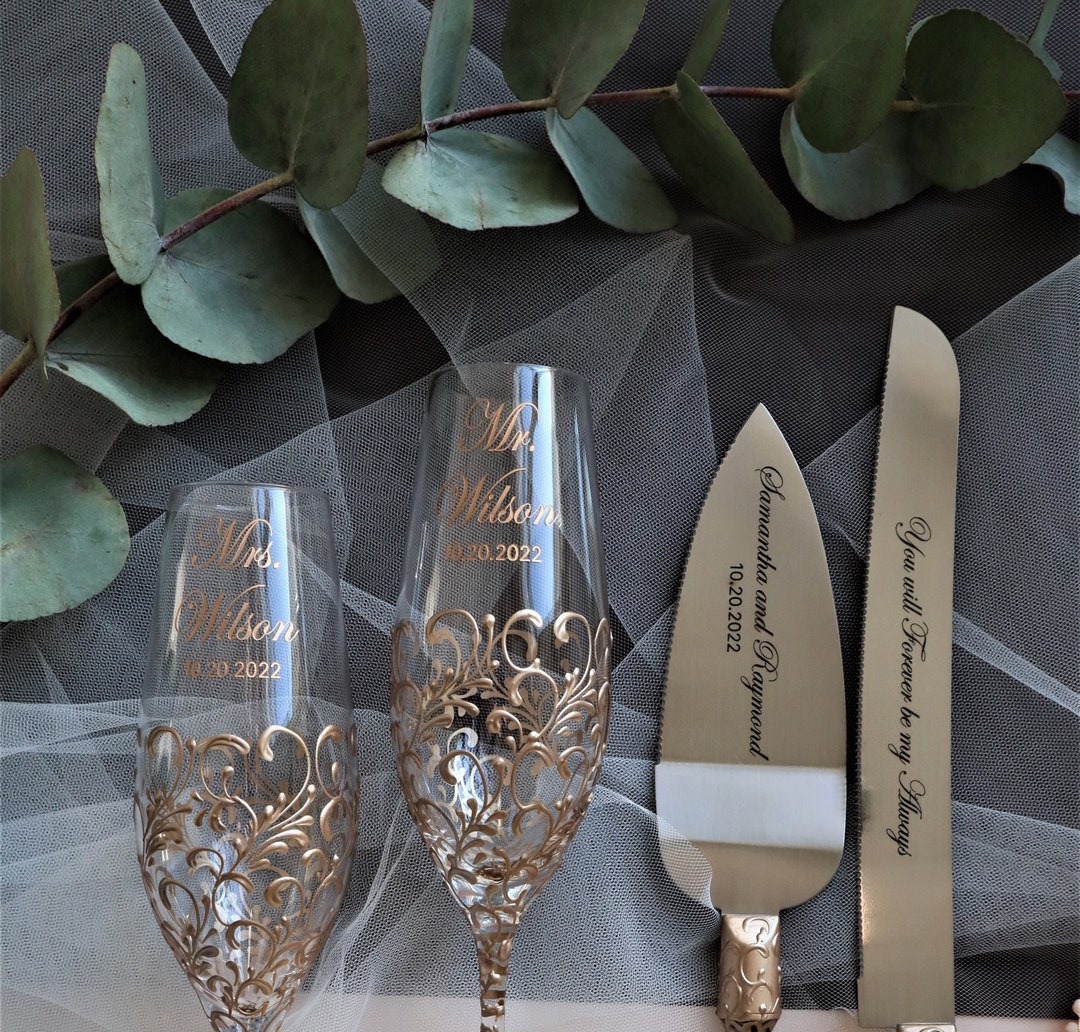 Wedding Champagne Flutes and Cake Knife Set for Bride and Etsy