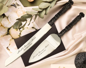 Black Weddding cake cutter set personalized glasses for bride and groom Gothic Cake knife and server set black champagne flutes