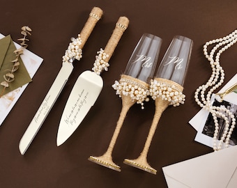 wedding boho decorations glasses cake server set rustic engraved glasses cake cutter set Personalized wedding toating flute cake cutting set