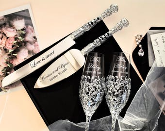 gravierte Hochzeit Silber Gläser Braut Bräutigam Kuchen schneiden set Jubiläum Champagner Flöten Mr Mrs Brautdusche Geschenke Verlobung
