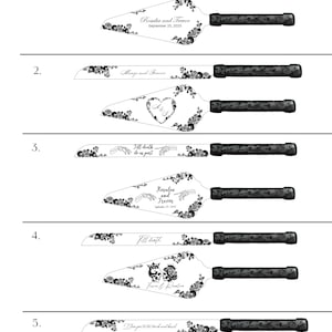 May include: An image showcasing five cake server designs with black handles and engraved blades. The blades feature floral and text designs, including phrases like "Till death do us part" and names with dates. The text "Engraving Design Options" is at the top.