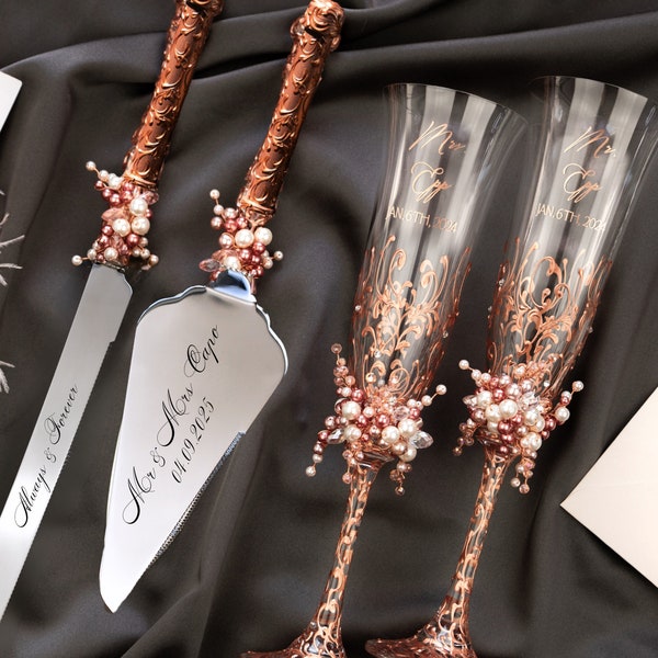Wedding shower gifts Pearls champagne flutes for bride and groom cake server set Bridal shower gifts anniversary Rose Gold Toasting glasses