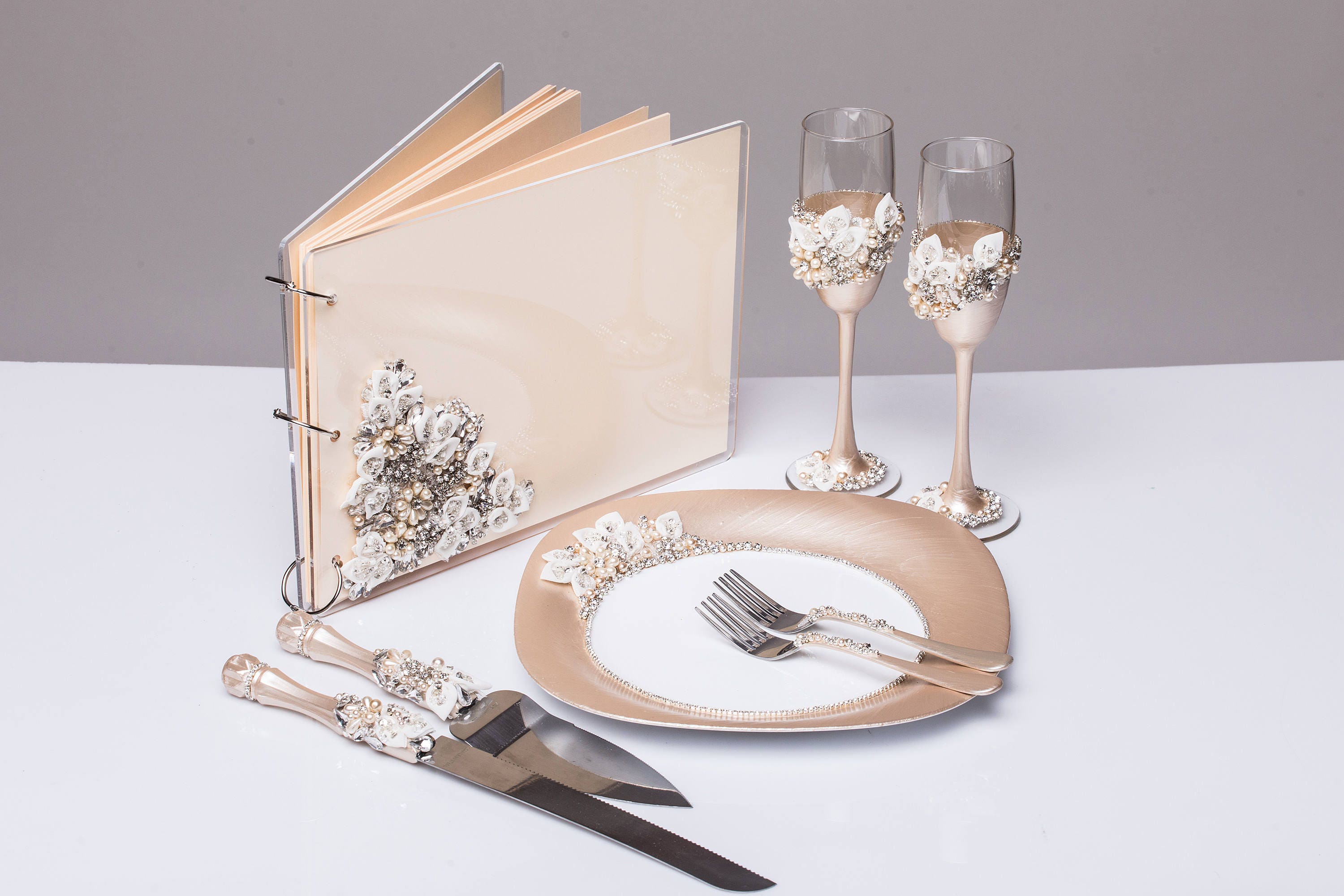  wedding  guestbook glasses and cake  server  set  plate and 