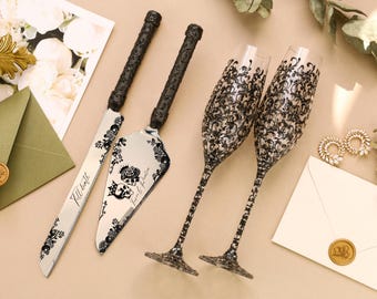 Set per torta nuziale gotica con flûte "Till Death", bicchieri neri per brindisi, alternativa al teschio con corona, paletta per torta incisa, regalo ricordo per la coppia.