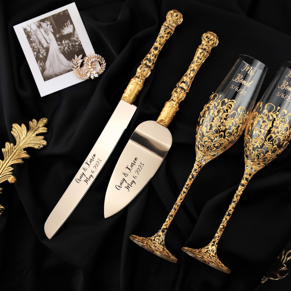 Wedding Gift Champagne Flutes and Cake Server Set for Bride and Groom Wedding Gift Anniversary, Gold Toasting Glasses and Cake Set Of4 - Etsy