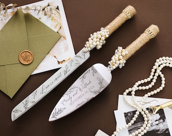 Rustic Wedding Cake Server Set Bridal shower gifts Wedding Set engraved Wedding Pearl Cake Server rustic knive set Wedding shower gifts