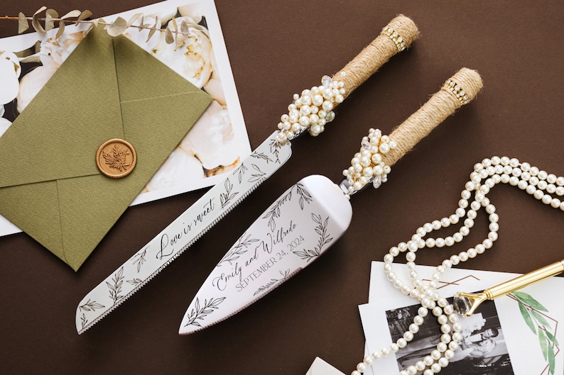 Rustic Wedding Cake Server Set Bridal shower gifts Wedding Set engraved Wedding Pearl Cake Server rustic knive set Wedding shower gifts image 1