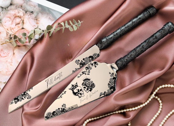 Gothic wedding gifts Engraved Cake Server Set Black gothic bridal shower gifts Personalized Cake Cutting Set till death Wedding cutter set