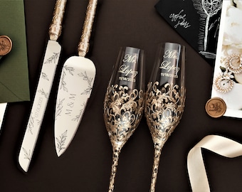 Juego de copas de brindis y pala para tarta de boda personalizadas Copas de brindis doradas para novios Copas de champán Copas de boda y juego de tartas