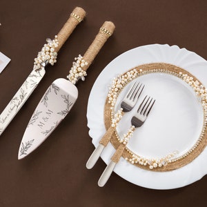 Rustic Wedding Cake Server Set Bridal shower gifts Wedding Set engraved Wedding Pearl Cake Server rustic knive set Wedding shower gifts image 7